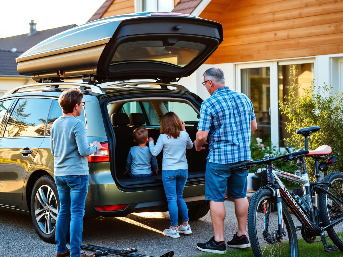 Familie beim Beladen einer geliehenen Dachbox